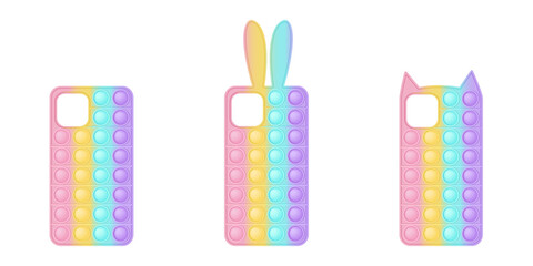 A set of mobile phone cases in the form popit toys for fidgets. The covers are in pastel rainbow colors with bunny and kitty ears and a simple shape. Vector illustration isolated on a white background - obrazy, fototapety, plakaty
