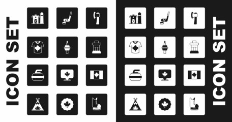 Set Wooden axe, TV CN Tower in Toronto, Hockey jersey, Farm house, Inukshuk, Ice hockey stick and puck, Flag of Canada and Stone for curling icon. Vector
