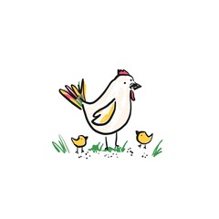 Cute sketch hand drawn color pencil hen with chickens illustration. Bright cartoon summer childish funny farm birds for kids print design, textile decoration, greeting cards, stickers, logo