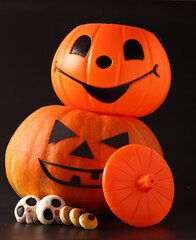 Halloween pumpkin over wooden background stock photo