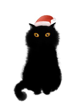 A black cat is sitting in a santa hat. Hand-drawn image. Christmas illustration with a cat.