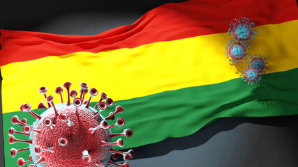 Covid in Komarom - coronavirus attacking a city flag of Komarom as a symbol of a fight and struggle with the virus pandemic in this city, 3d illustration