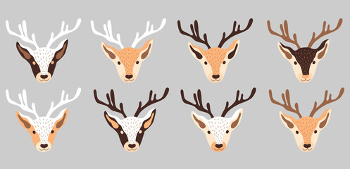 A collection of deer heads. Christmas reindeer vector illustration