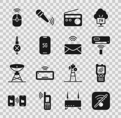 Set No Wi-Fi wireless internet, Walkie talkie, Air conditioner, Radio, Mobile with 5G, audio jack, Wireless computer mouse and Mail and e-mail icon. Vector