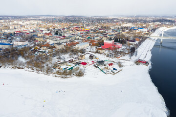 Obraz premium Aerial view of the city of Kimry and the Volga river on a winter day, Tver region, Russia