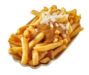 Tasty fried potato slices with sauce and chopped onion