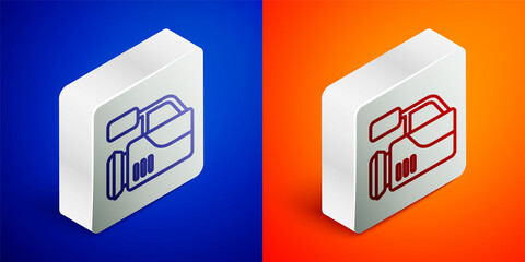 Fototapeta premium Isometric line Cinema camera icon isolated on blue and orange background. Video camera. Movie sign. Film projector. Silver square button. Vector