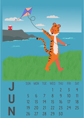 Vector vertical wall calendar template for June 2022 A4 A3 A2 A5 format, with cute tiger symbol of the year.Week starts on Sunday