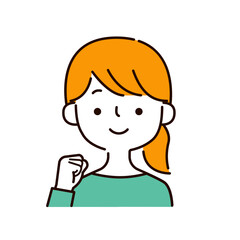 ガッツポーズの笑顔の女性のシンプルな上半身イラストアイコン