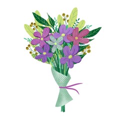 Bouquet of pink and purple flowers in a decorative style for buttons, icons, avatars, banner