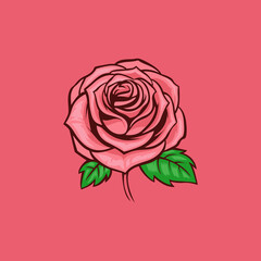 Red rose Flower. Hand Drawing Vector Art Illustration Isolated on Red background. Vintage tattoo style rose floral graphic.