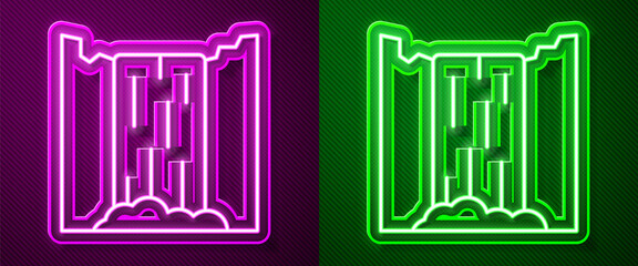 Glowing neon line Waterfall icon isolated on purple and green background. Vector