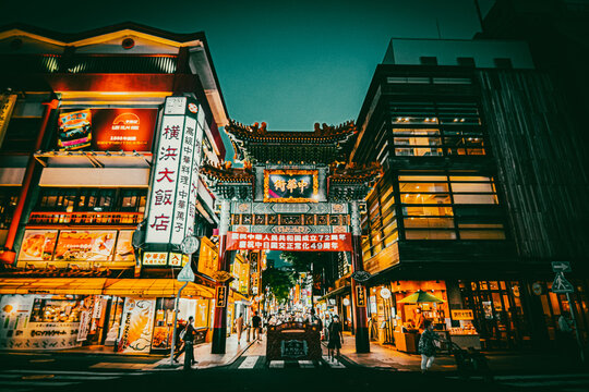 YOKOHAMA,  JAPAN - September 24, 2021 : A large number of Chinese stores and restaurants. Yokohama Chinatown is Japan's largest Chinatown, located in central Yokohama. 