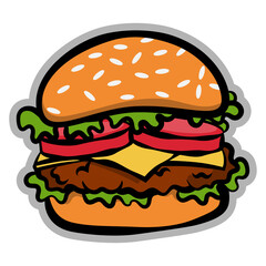 Cartoon illustration of hamburger with doodles style, best for sticker, decoration, and logo of fast food restaurant