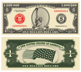 Fictional obverse and reverse of US paper money. One million dollar banknote. Statue of Liberty, stars-striped flag and guilloche frames - obrazy, fototapety, plakaty