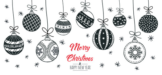 Set of hand drawn christmas baubles. Decoration isolated elements. Doodles and sketches vector illustration
