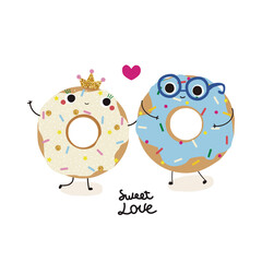 Funny donuts couple. Cartoon desserts characters. Vector hand drawn illustration.
