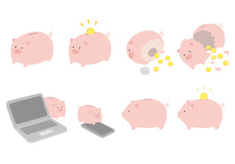 ぶたの貯金箱のイラストセット