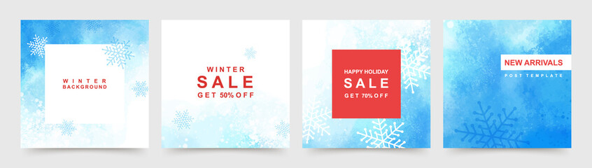 Naklejka na ściany i meble Trendy square Winter Holidays templates. Winter sale social media post frame with snowfall and snowflakes shape. Suitable for mobile apps, banner design and web internet ads. Vector illustration