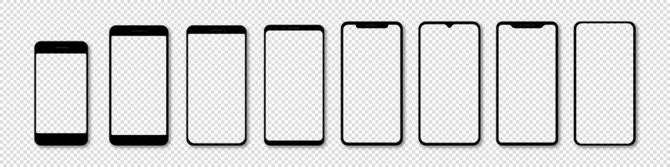 Set of vector modern phones with blank screen on transparent background. Phone mockup in front. Mobile phone, app, ui, ux. Vector EPS 10 - obrazy, fototapety, plakaty