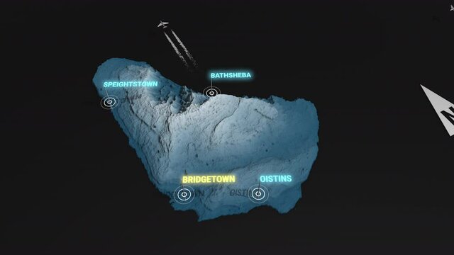 Seamless looping animation of the 3d terrain map at nighttime of Barbados with the capital and the biggest cites in 4K resolution