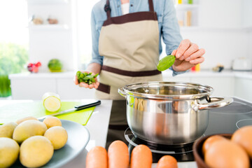 Cropped photo of mature lady cook soup wear apron jeans shirt at kitchen alone