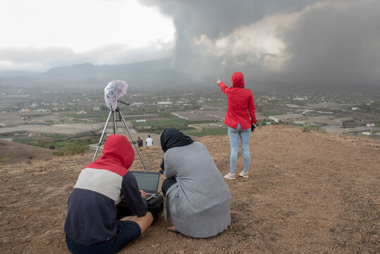 Volcanologists observing the volcano Cumbre Vieja in La Palma Canary Islands 2021