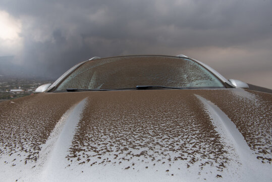 Car covered in ash from the volcano Cumbre Vieja in La Palma Canary Islands