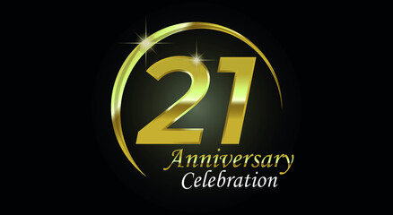 21 years anniversary celebration. Anniversary logo with ring in golden color isolated on black background with golden light, vector design for celebration, invitation card and greeting card