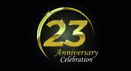 23 years anniversary celebration. Anniversary logo with ring in golden color isolated on black background with golden light, vector design for celebration, invitation card and greeting card