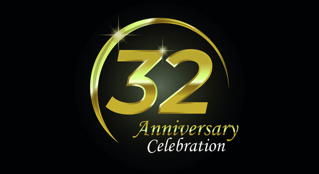 32 years anniversary celebration. Anniversary logo with ring in golden color isolated on black background with golden light, vector design for celebration, invitation card and greeting card