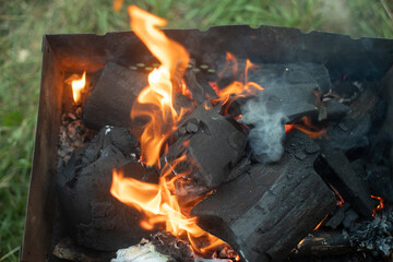 Fire from burning coal. Bonfire flame in the evening.
