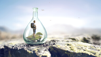 Young traveler inside glass bottle . Mixed media