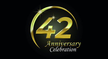 42 years anniversary celebration. Anniversary logo with ring in golden color isolated on black background with golden light, vector design for celebration, invitation card and greeting card