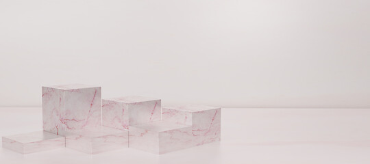 3D render Premium podium made of pink marble cube isolate on white background. Mock up for the exhibitions,presentation of products,promotion sale, relaxation,health with copy space. 3D rendering