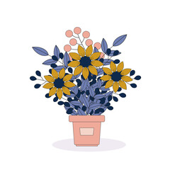 A flower bouquet in a pot, a flower arrangement of leaves, twigs and sunflowers. A simple flat style for funny greeting cards and greetings for the holidays