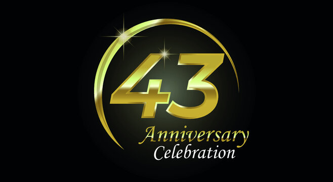 43 years anniversary celebration. Anniversary logo with ring in golden color isolated on black background with golden light, vector design for celebration, invitation card and greeting card