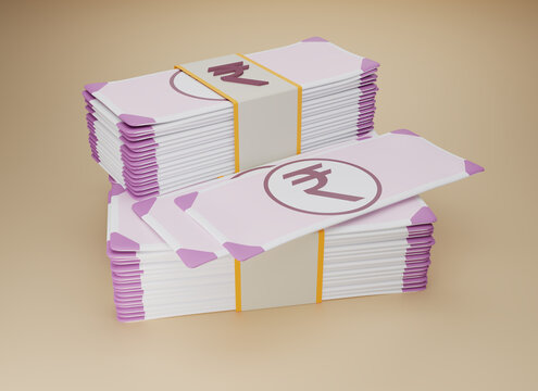 Indian Rupee banknotes. A bundle of Indian money. Rupee cash icon. 3D rendering illustration.
