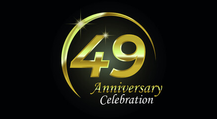 49 years anniversary celebration. Anniversary logo with ring in golden color isolated on black background with golden light, vector design for celebration, invitation card and greeting card