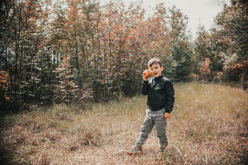 A cheerful boy in the autumn forest with an apple in his hands