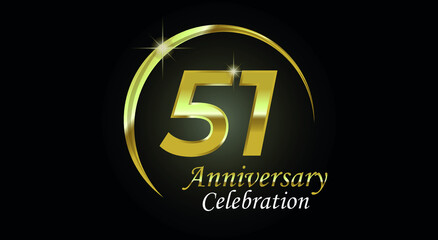 51 years anniversary celebration. Anniversary logo with ring in golden color isolated on black background with golden light, vector design for celebration, invitation card and greeting card