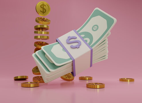 3D Render Bundle Cash And Gold Coins Are Falling On Pink Background. Dollar Bills And Coins Icon. Minimal Style Money Dollar Cash Icon. Economy, Finance, Rich, Treasure Sign. 3d Rendering Illustration