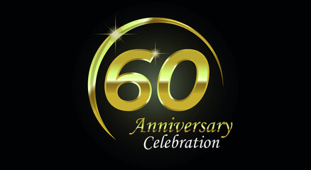 60 years anniversary celebration. Anniversary logo with ring in golden color isolated on black background with golden light, vector design for celebration, invitation card and greeting card