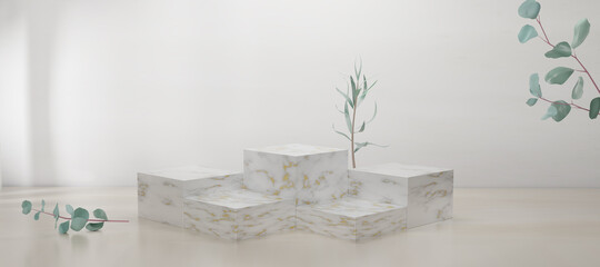 3D rendering Premium podium made of white and gold texture marble cube  with branches and leaves. Mock up for the exhibitions,presentation of products, promotion sale, relaxation, health, cosmetic.