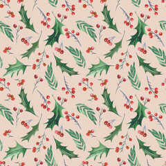 Watercolor seamless patternWatercolour Boho Christmas seamless pattern. Repeat rustic pattern for fabric,  textile, gift wrapping paper, apparel, home decor