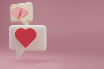 Minimal heart or love chat bubble. Contact us or chat  icon 3D in pink background. Concept of communication, social media messages, SMS, comments. 3d rendering