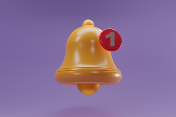 3D render Notification bell icon with incoming inbox message isolate on purple background for your website, logo, app, UI, product print. Notification bell concept 3D rendering illustration icon.