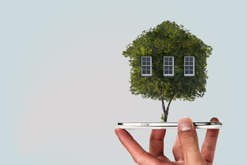 Hand holding green house . Mixed media