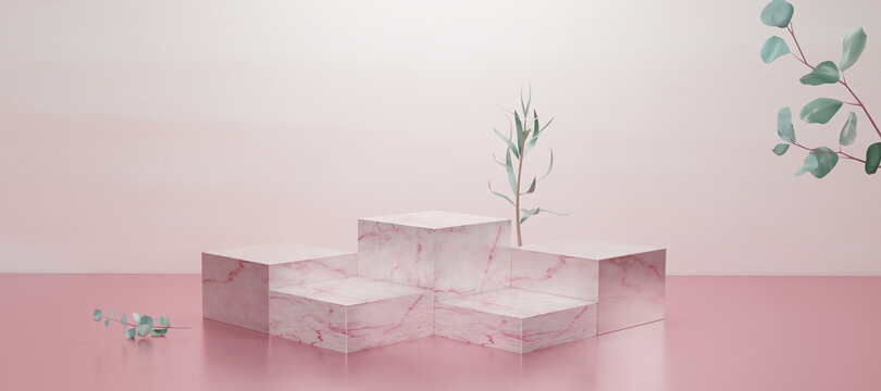 3D rendering pink marble cube and gradient light background with studio  backdrops. 3D rendering pink Blank display or clean room for showing product. Minimalist mockup for podium display or showcase.