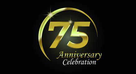 75 years anniversary celebration. Anniversary logo with ring in golden color isolated on black background with golden light, vector design for celebration, invitation card and greeting card